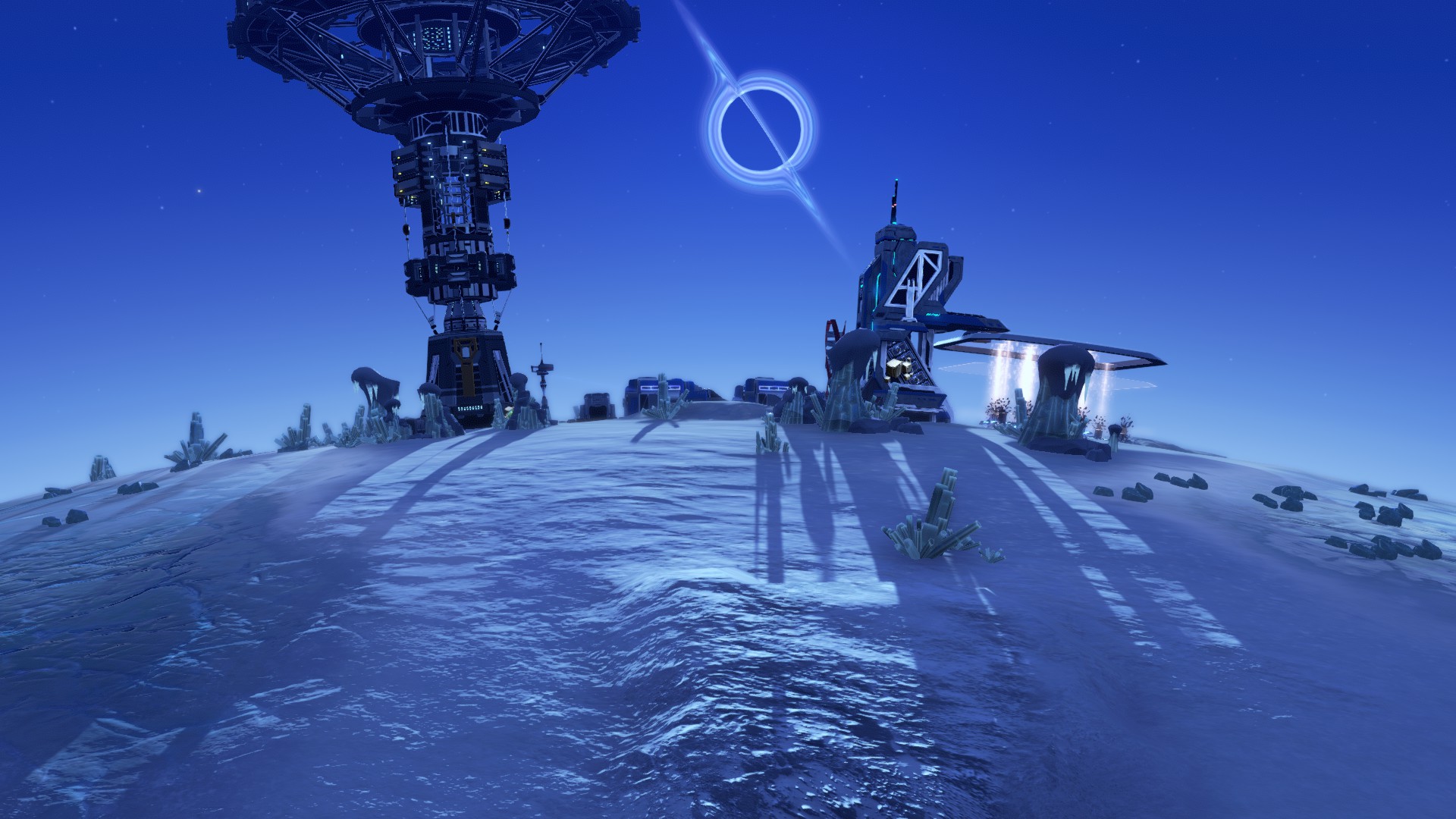 Dyson Sphere Program screenshot showing a small mining setup on an icy planet with a black hole in the backgorund