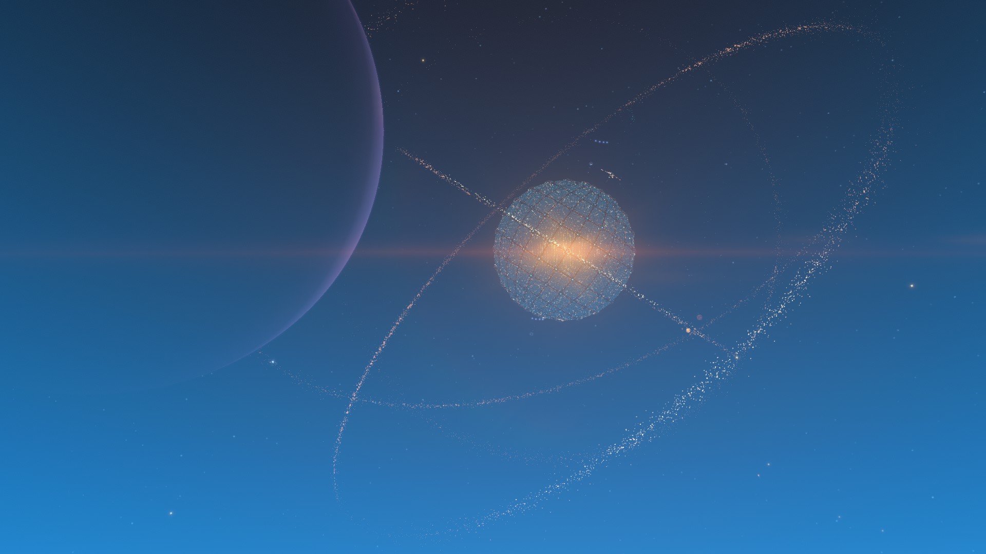 Dyson Sphere Program screenshot showing a completed sphere around a sun rising from behind a gas giant