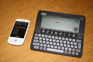The Psion 3a, having the decency to look embarrassed next to my cellphone.