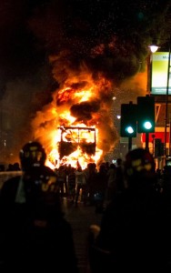 A bus burns in Tottenham