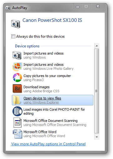 Windows 7 Camera AutoPlay Dialog