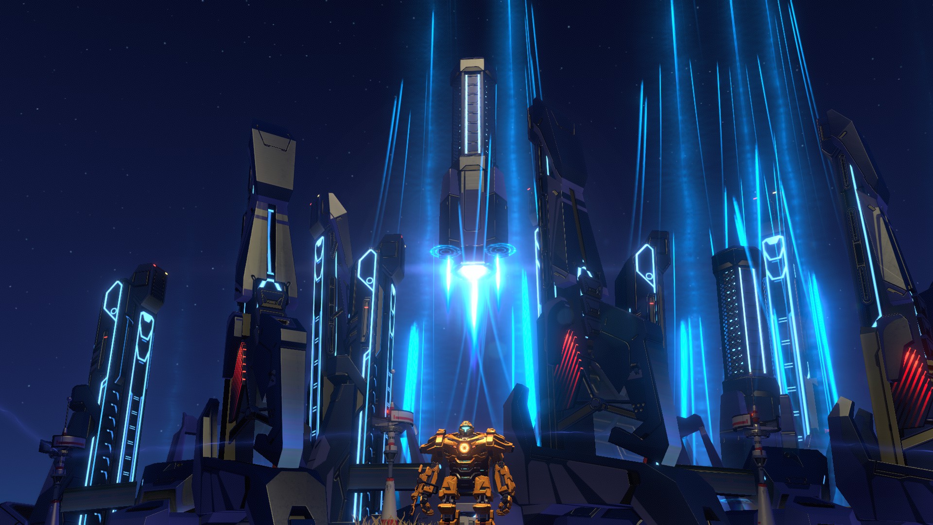 Dyson Sphere Program screenshot showing the mecha in front of several rocket silos