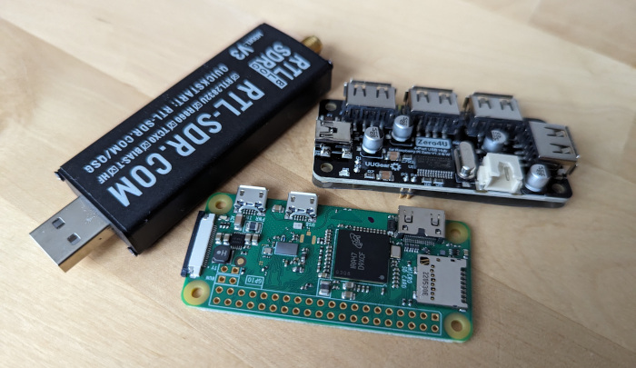 A Raspberry Pi Zero W, USB pHAT and RTL-SDR dongle