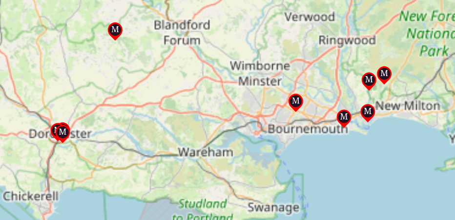 A map of east Dorset showing the locations of Meshtastic nodes