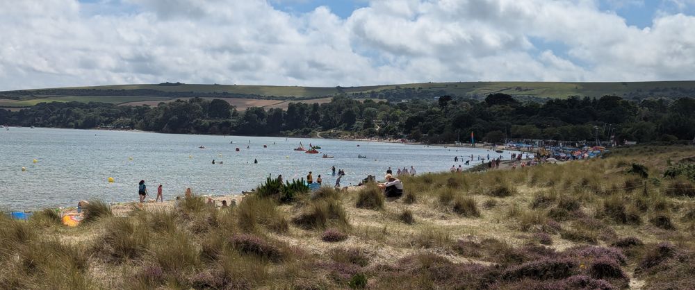 View of Studland and Knoll Beach from the North, over a bank of heath