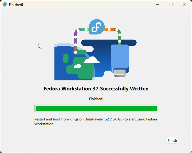 The Fedora Media Writer interface, complete