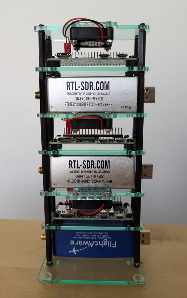 Completed stack with Pi Zeros, fans and RTL-SDRs