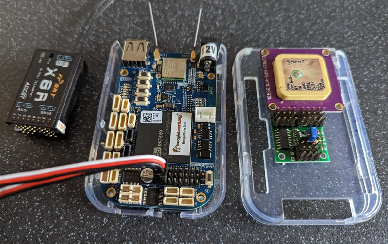 Beaglebone Blue with FrSky X8R receiver, uBlox GPS and Pololu servo multiplexer