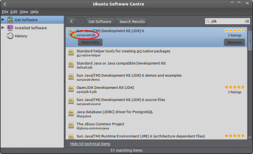 Ubuntu Software Centre window with sun-java6-jre selected