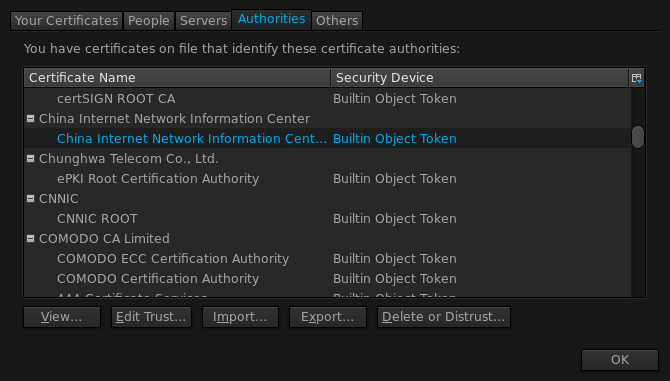 Certificate Authority list in Firefox 23.0