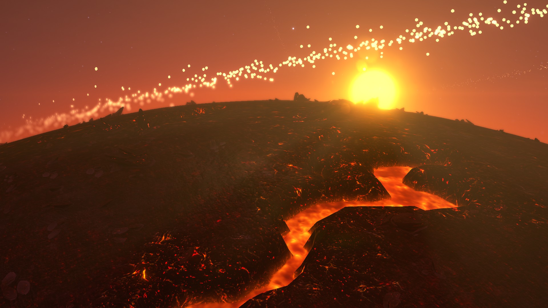 Dyson Sphere Program screenshot showing a sun surrounded by solar sails rising over a volcanic planet