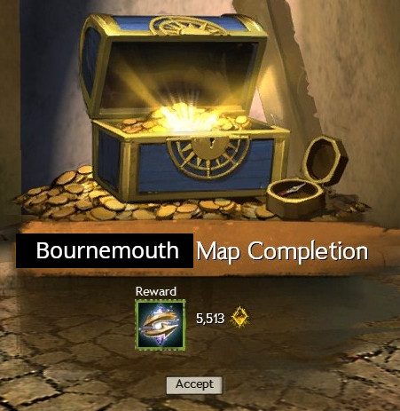 Guild Wars 2 Region Completion popup, badly edited so the region name is "Bournemouth"