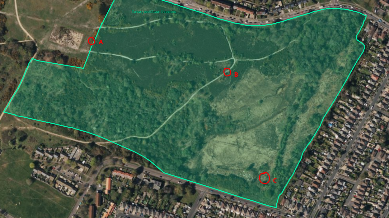 Map of locations in Turbary Common