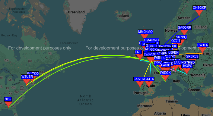 Map of WSPR spots, all in Europe