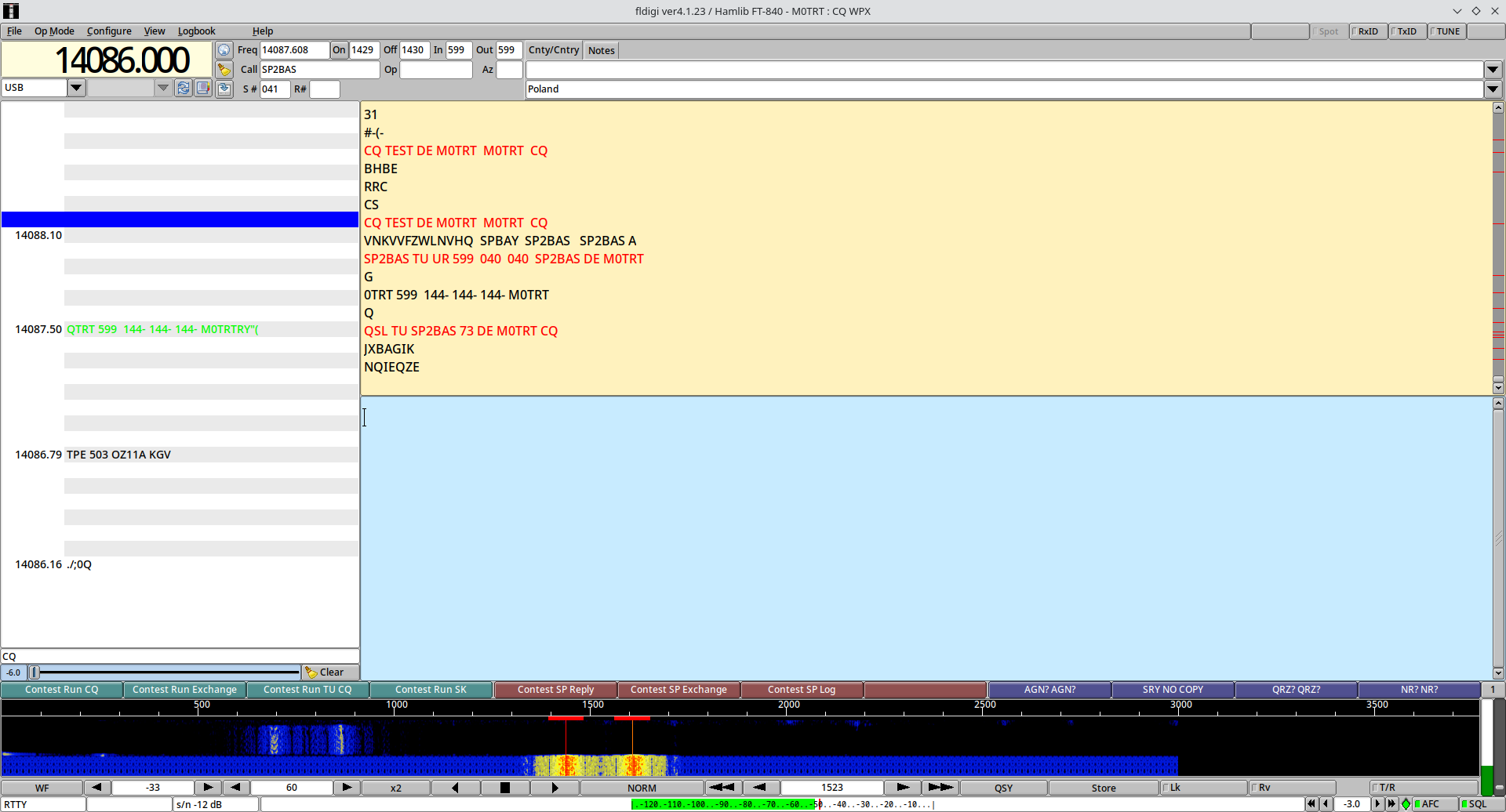 fldigi software showing a contest QSO