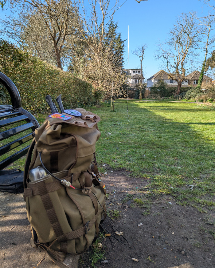 My bag in the foreground and antenna in the background, in Druit Gardens