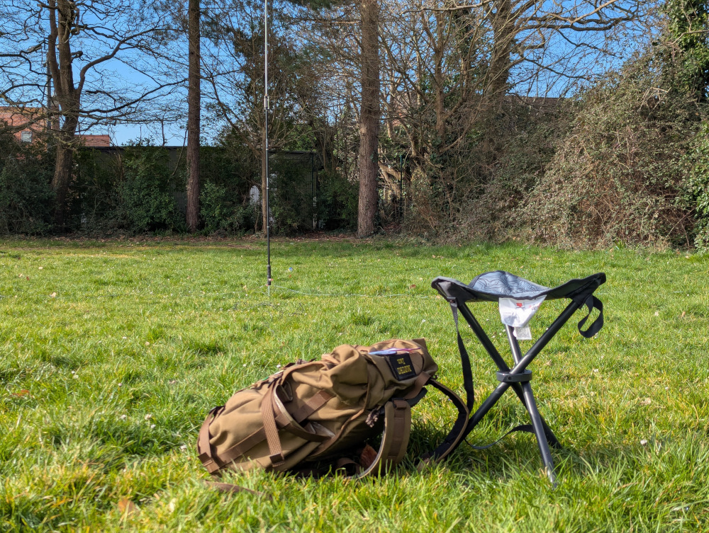 My bag and seat in the foreground and antenna in the background, in Christchurch Rec