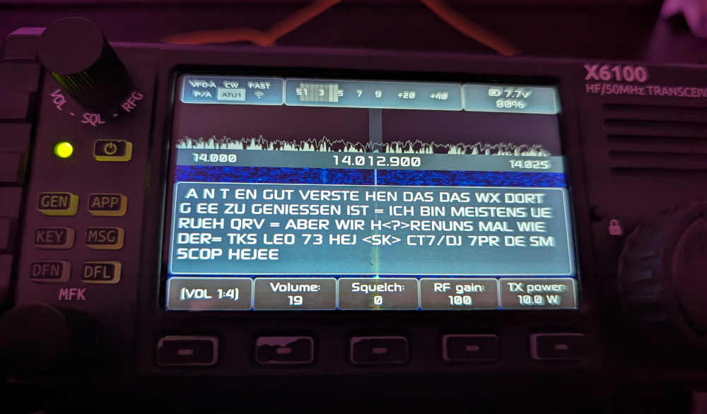 X6100 R1CBU firmware showing automatic CW decoding