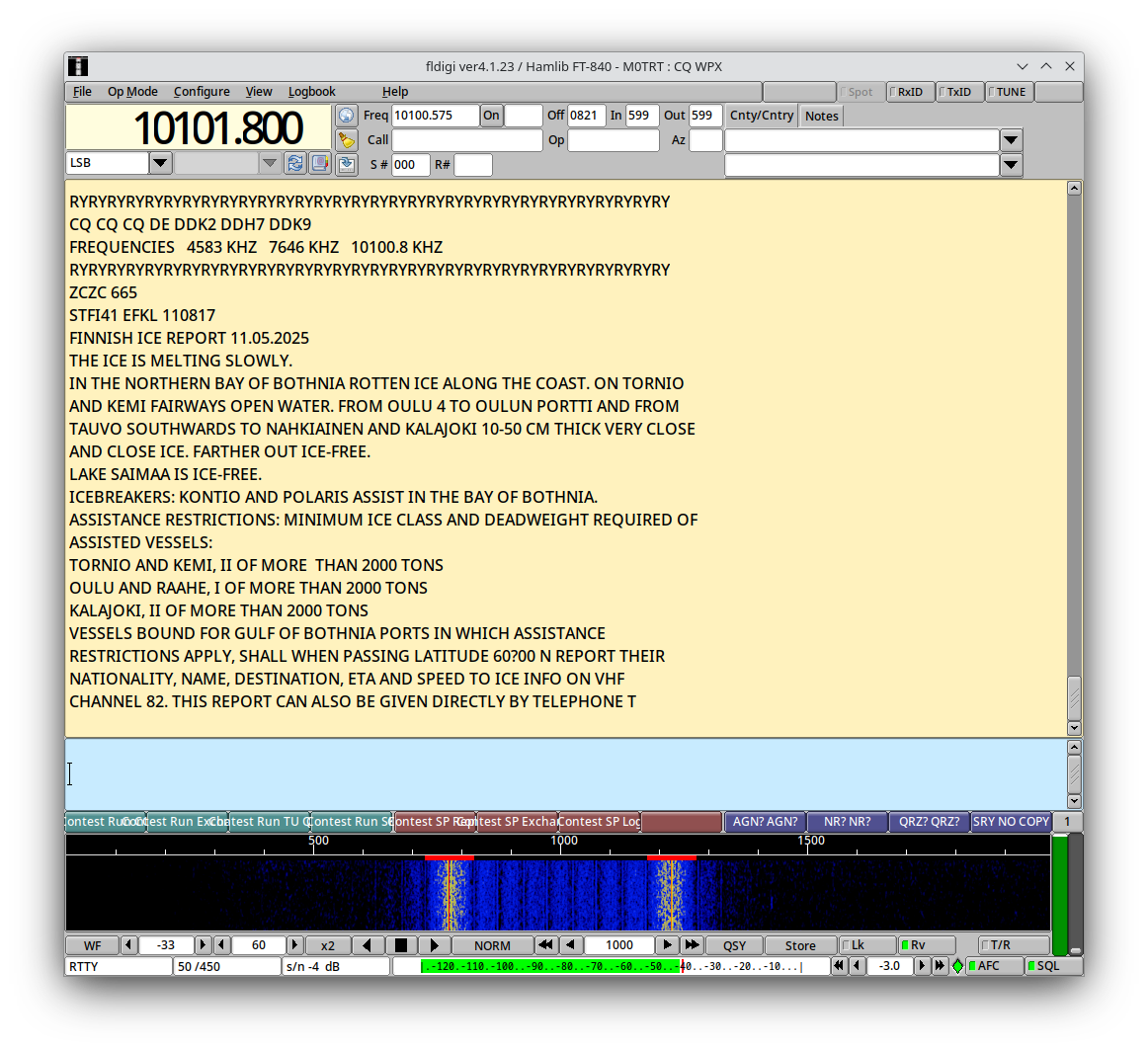 fldigi screenshot showing a decode of the DWD DDK9 RTTY beacon