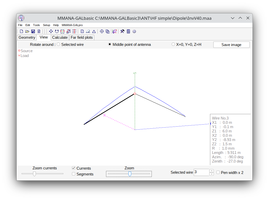 MMANA-GAL screenshot showing a diagram of an inverted-V antenna