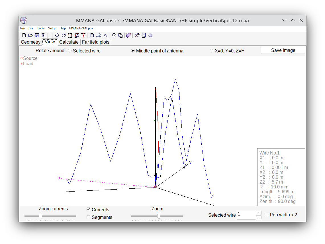 MMANA-GAL screenshot showing a diagram of a vertical antenna