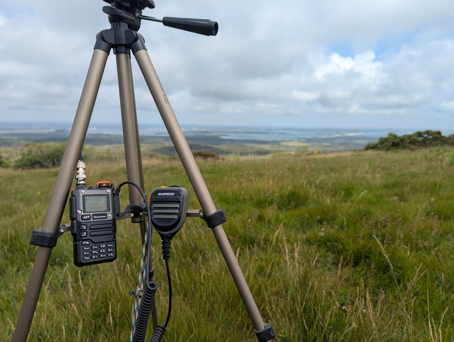 Quansheng radio and fist mic attached to my tripod