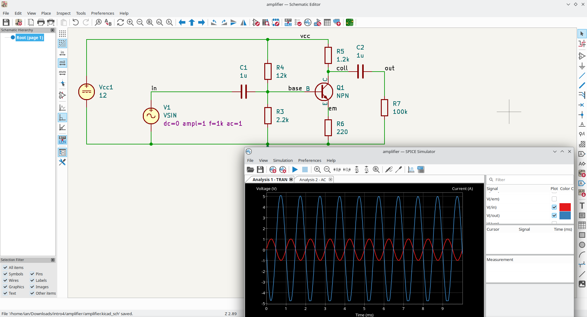 A common emitter amp circuit in KiCad, along with a simulation window showing a sine wave input and output with gain around -5.