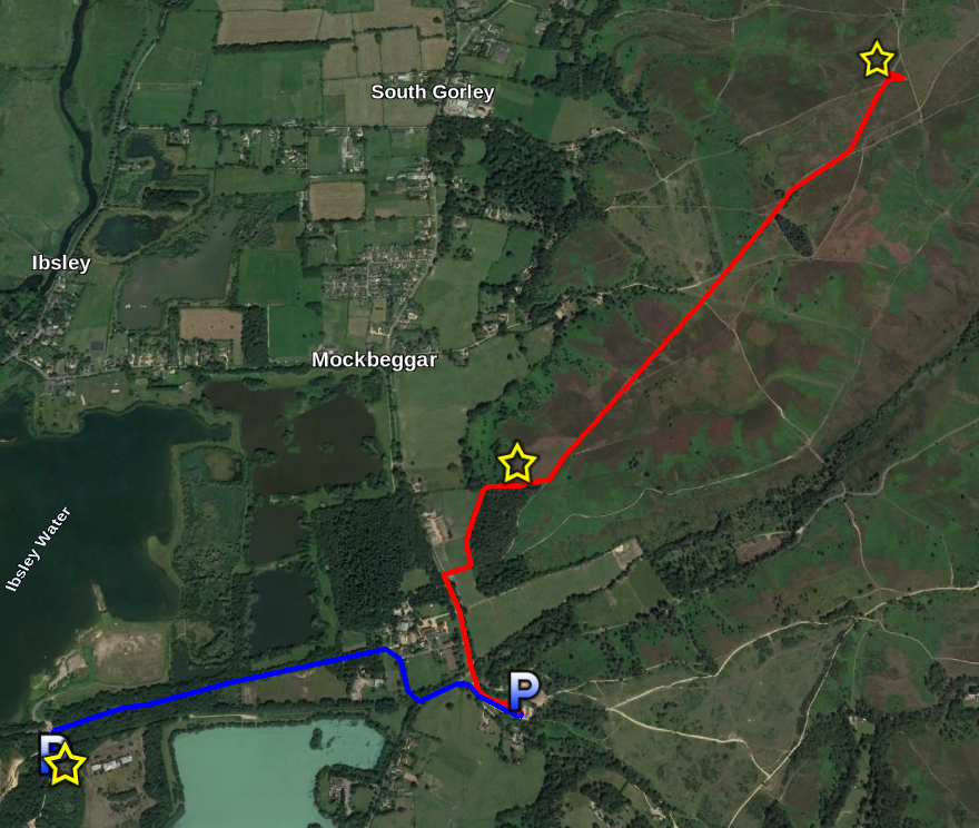 Google Earth plot of a route between three starred locations
