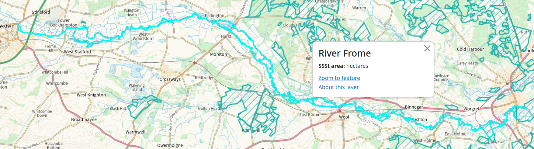 DorsetExplorer map highlighting the River Frome SSSI