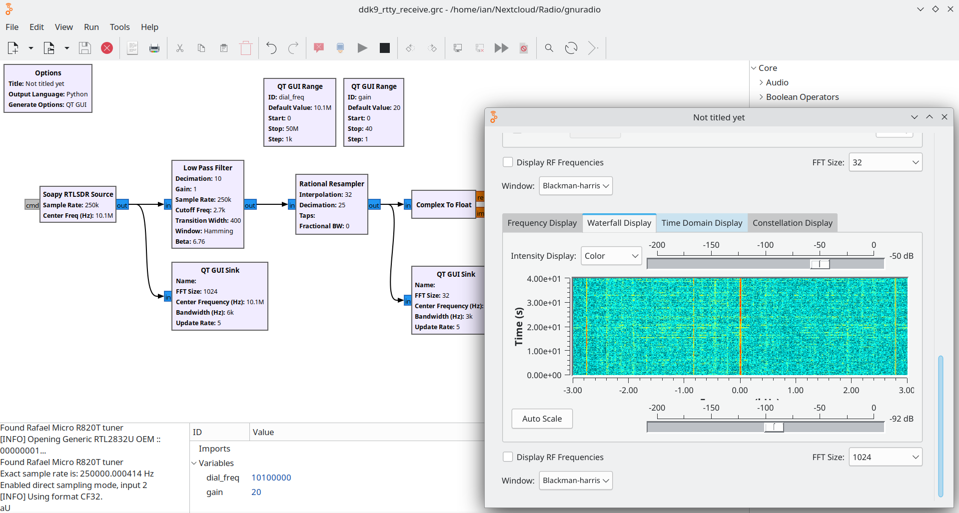 A screenshot of GNU Radio Companion, showing a flowgraph and a waterfall display