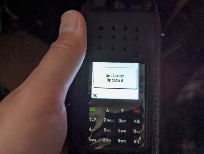 RT-3S running OpenGD77 firmware, showing the "Settings updated" screen