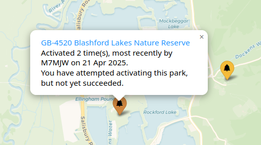 A screenshot of a brown map marker. A tooltip above it says that I have tried activating the park but not succeeded.