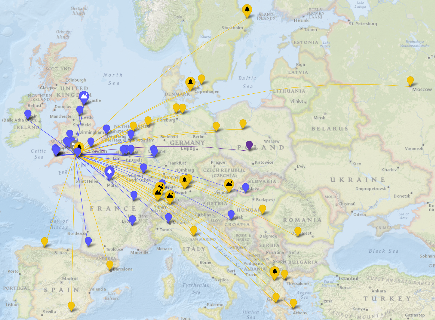 Map showing lots of coloured markers