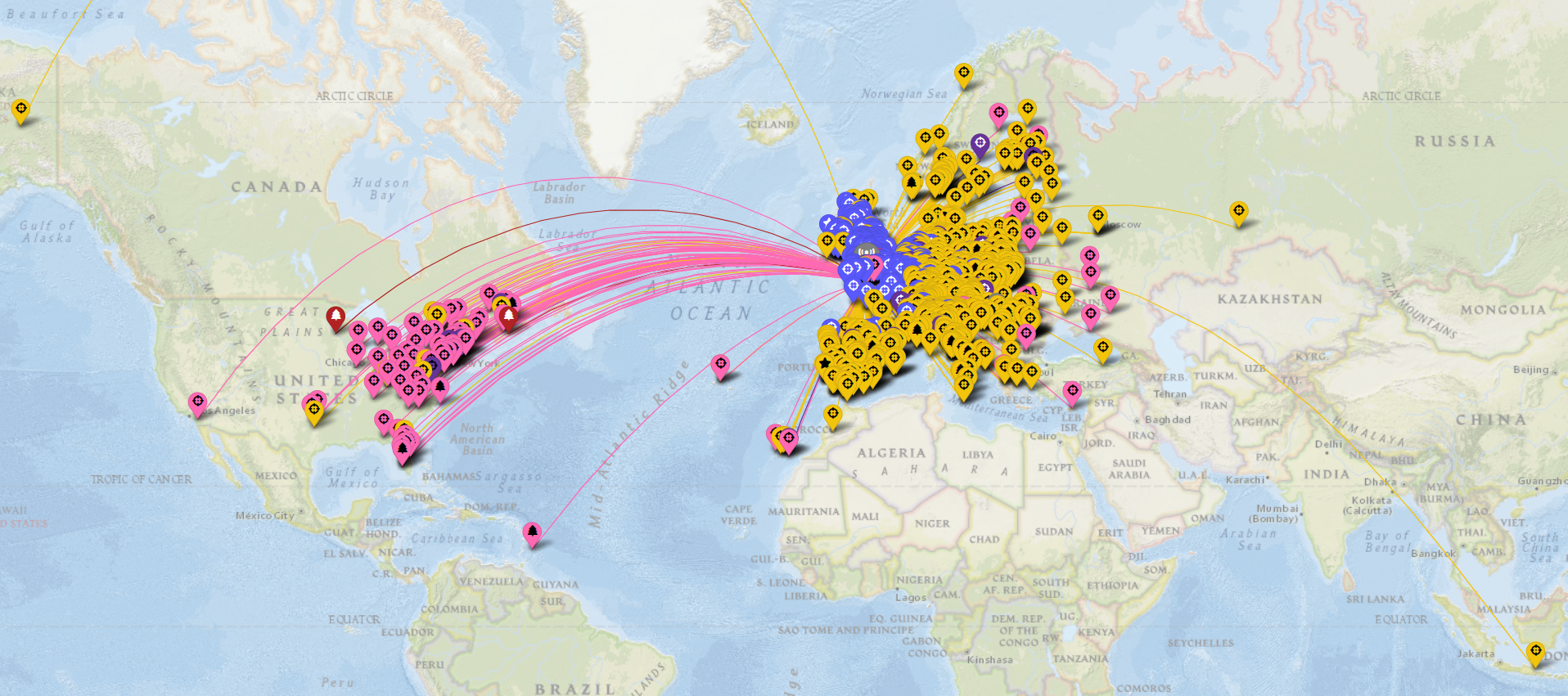 Much larger map showing lots more coloured markers