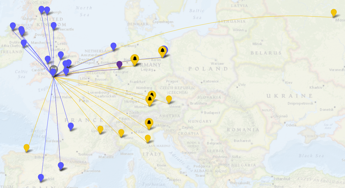 Map of all QSOs made during the POTA activation. There are ~35 markers on a map of Europe.