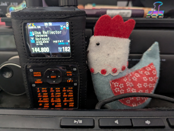 TH-D74 radio shown configured to connect to a reflector via my hotspot (and bonus patchwork chicken)