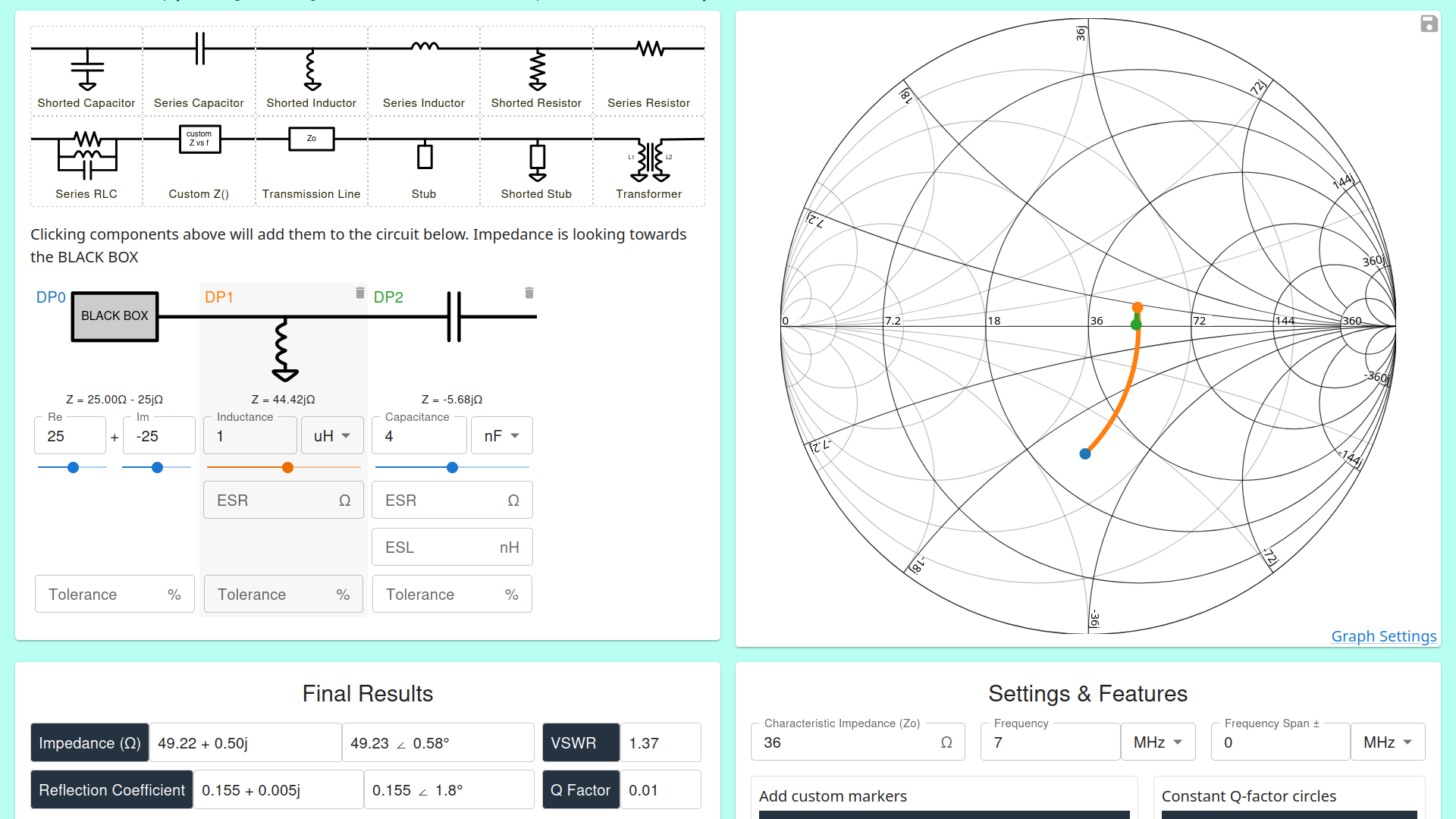 Screenshot of an online tool in which I am creating impedance matching circuitry on the left hand side and viewing the corresponding Smith chart on the right.