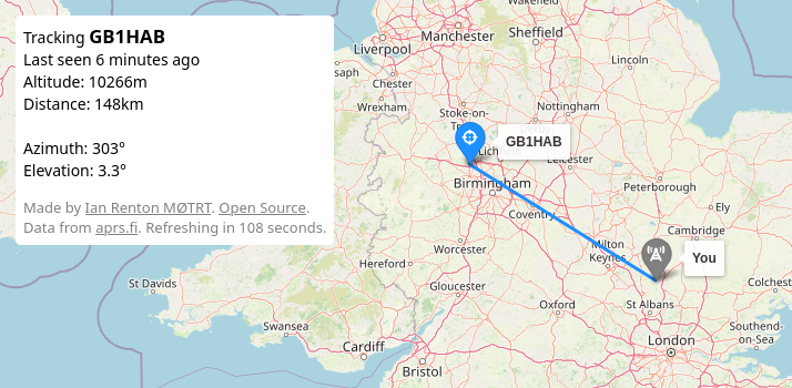 Details of the GB1HAB balloon shown in the Az/El Calculator tool