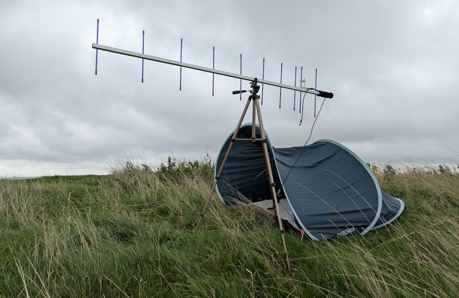 Yagi antenna and wind shelter on a hilltop