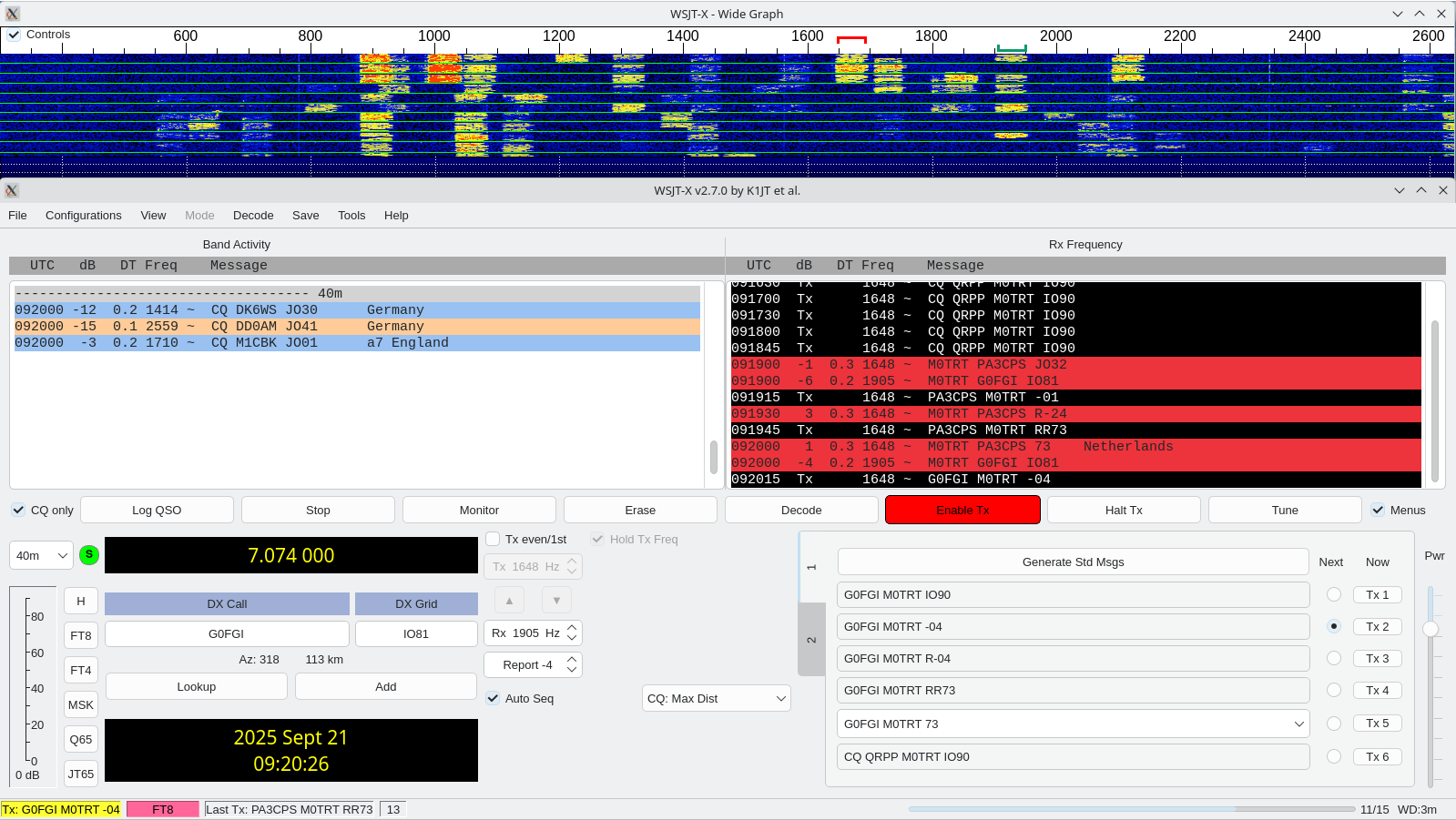 WSJT-X screenshot showing QSOs in progress