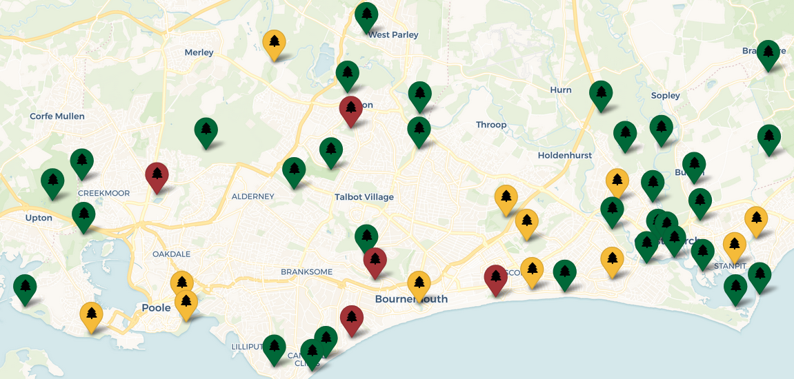 New Park Finder map of Bournemouth and surrounding area, showing around 10 yellow and red markers