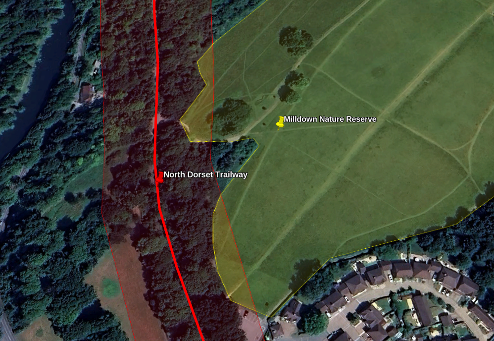 Map showing 30m width around North Dorset Trailway (red) overlapping with Milldown Nature Reserve (yellow)