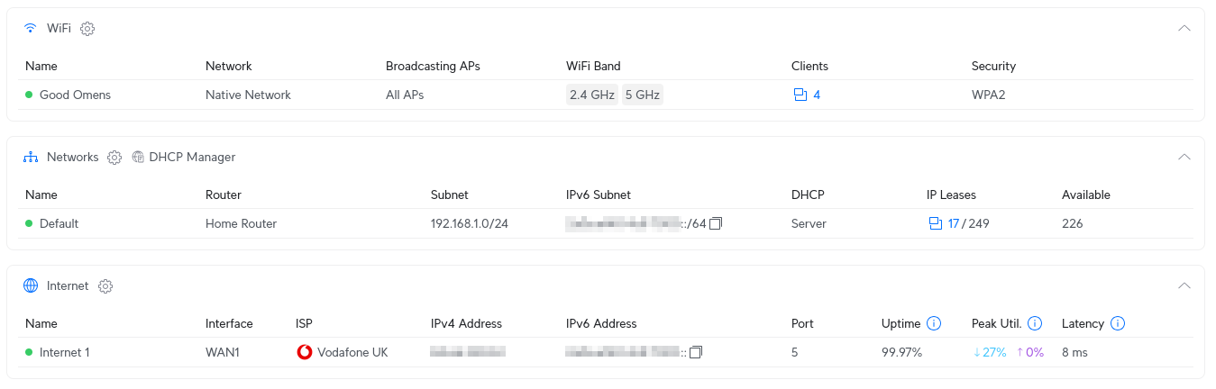 Settings overview page with WiFi, Network and Internet settings all configured