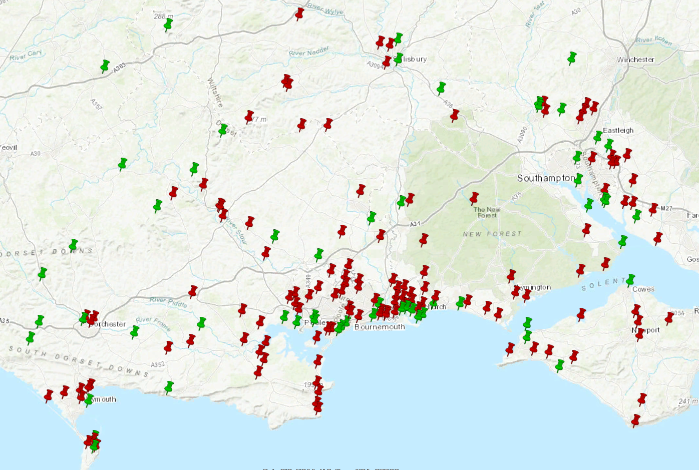 Map of green and red pins around the local area