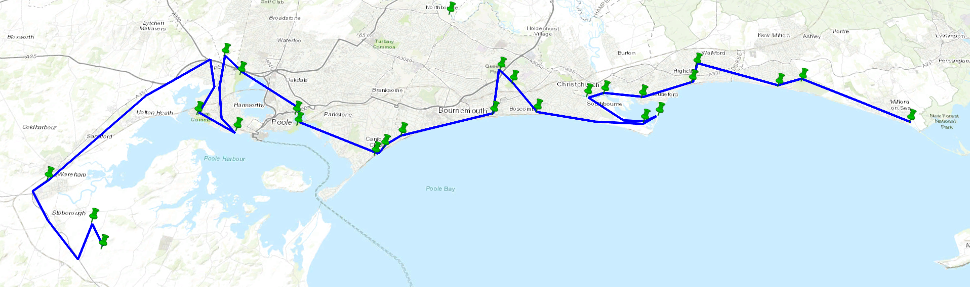 The route shown between green markers