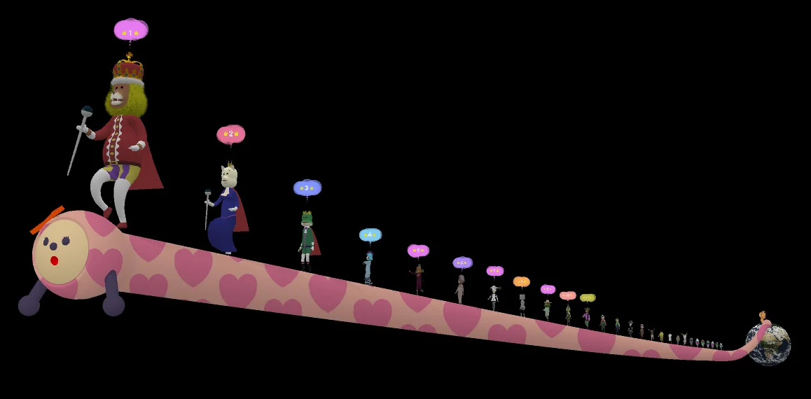 A screenshot of the videogame "Noby Noby Boy", showing the titular character, resembling a large pink worm, extending from Earth into space