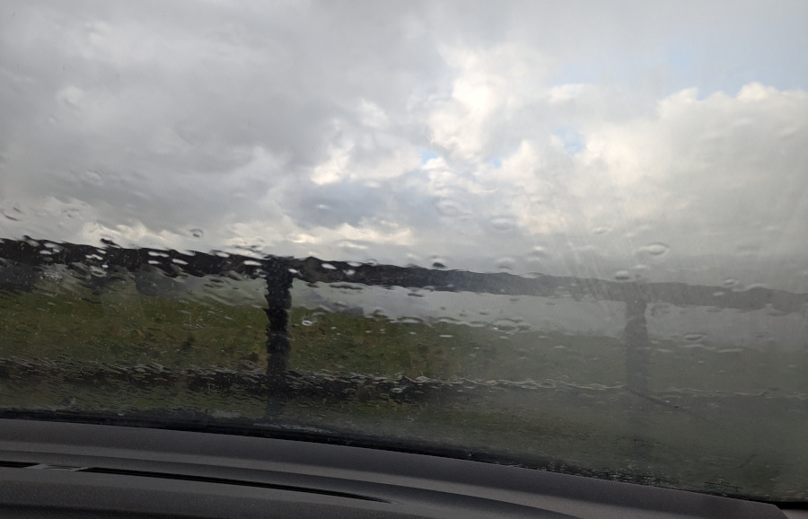 Rain on a car windscreen, photographed from inside