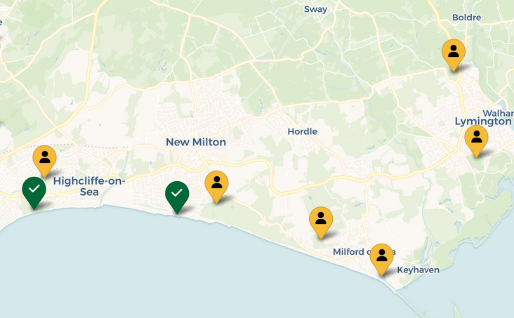 Map of eight POTA parks, two shown in green, six in yellow