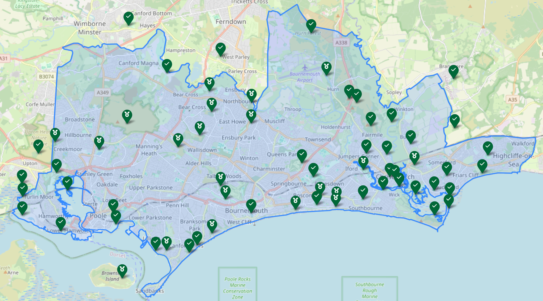 Map of POTA parks with the BCP council area highlighted. All the markers are green.