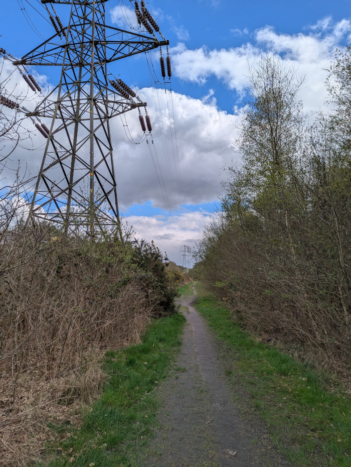 Line of electricity pylons and a path underneath